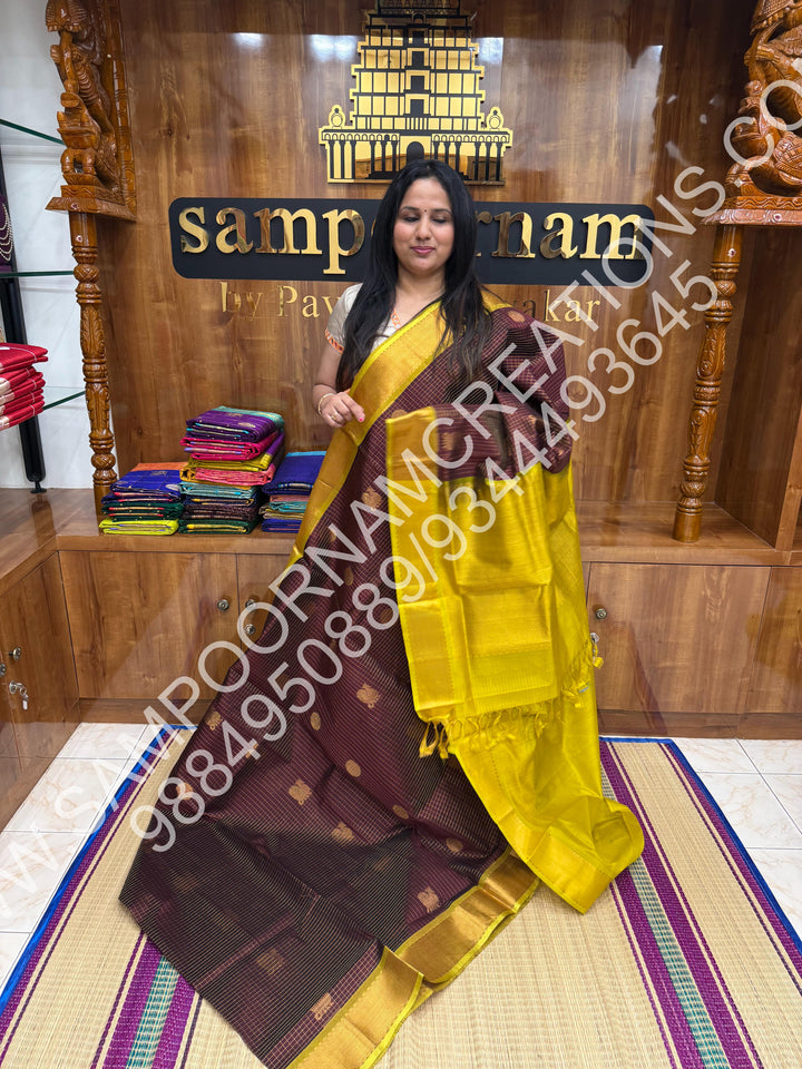 Brown with Lemon Yellow, Rich Mayil and Chakram Butta in the Body with Zari Checks, Traditional Borders and Rich Pallu, Pure Silk Cotton Saree