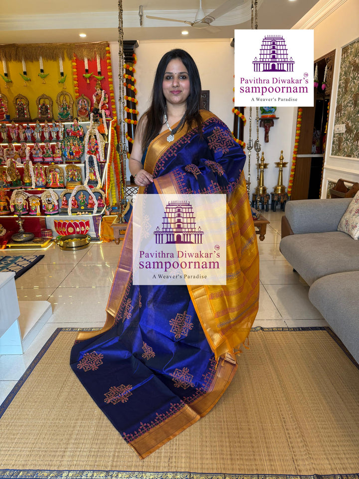 Blue with Mustard , traditional borders and rich Pallu Kolam Handblock Printed Silkcotton Saree