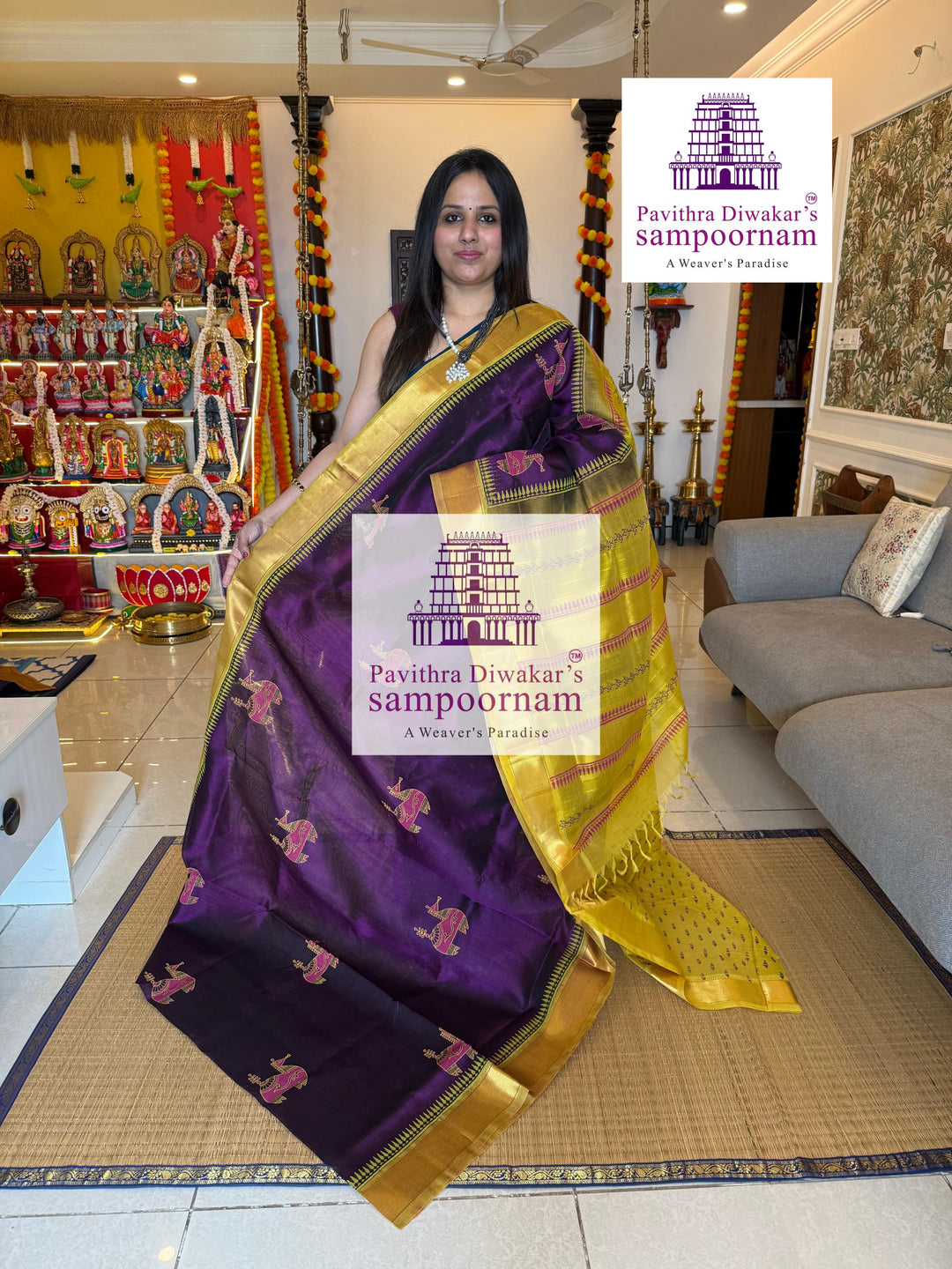 Purple with Lemon Yellow  , traditional borders and rich Pallu , Terracota horse printed Silk Cotton Saree