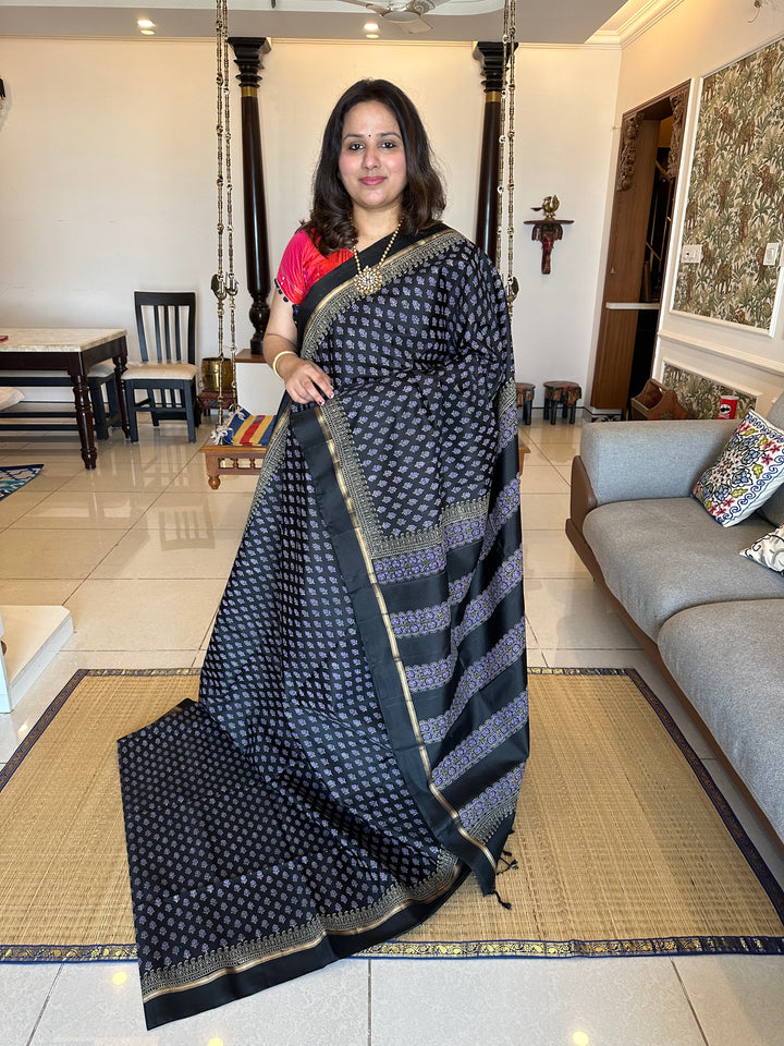 Black Handblock Printed Pure Soft Silk Saree