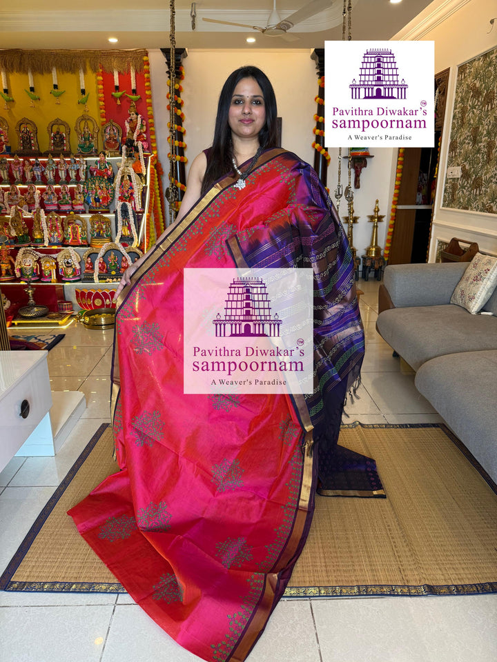 Pink with Blue ,traditional borders and rich Pallu Kolam Handblock Printed Silk Cotton Saree