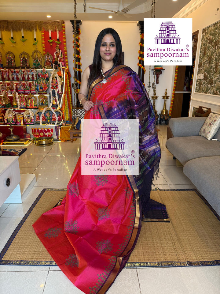 Pink with Blue ,traditional borders and rich Pallu Kolam Handblock Printed Silk Cotton Saree