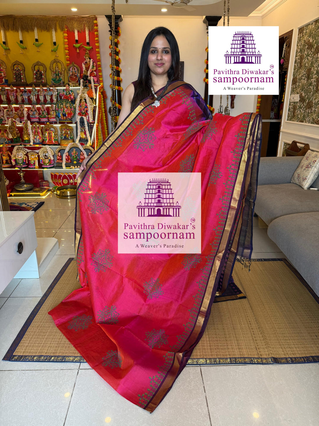 Pink with Blue ,traditional borders and rich Pallu Kolam Handblock Printed Silk Cotton Saree