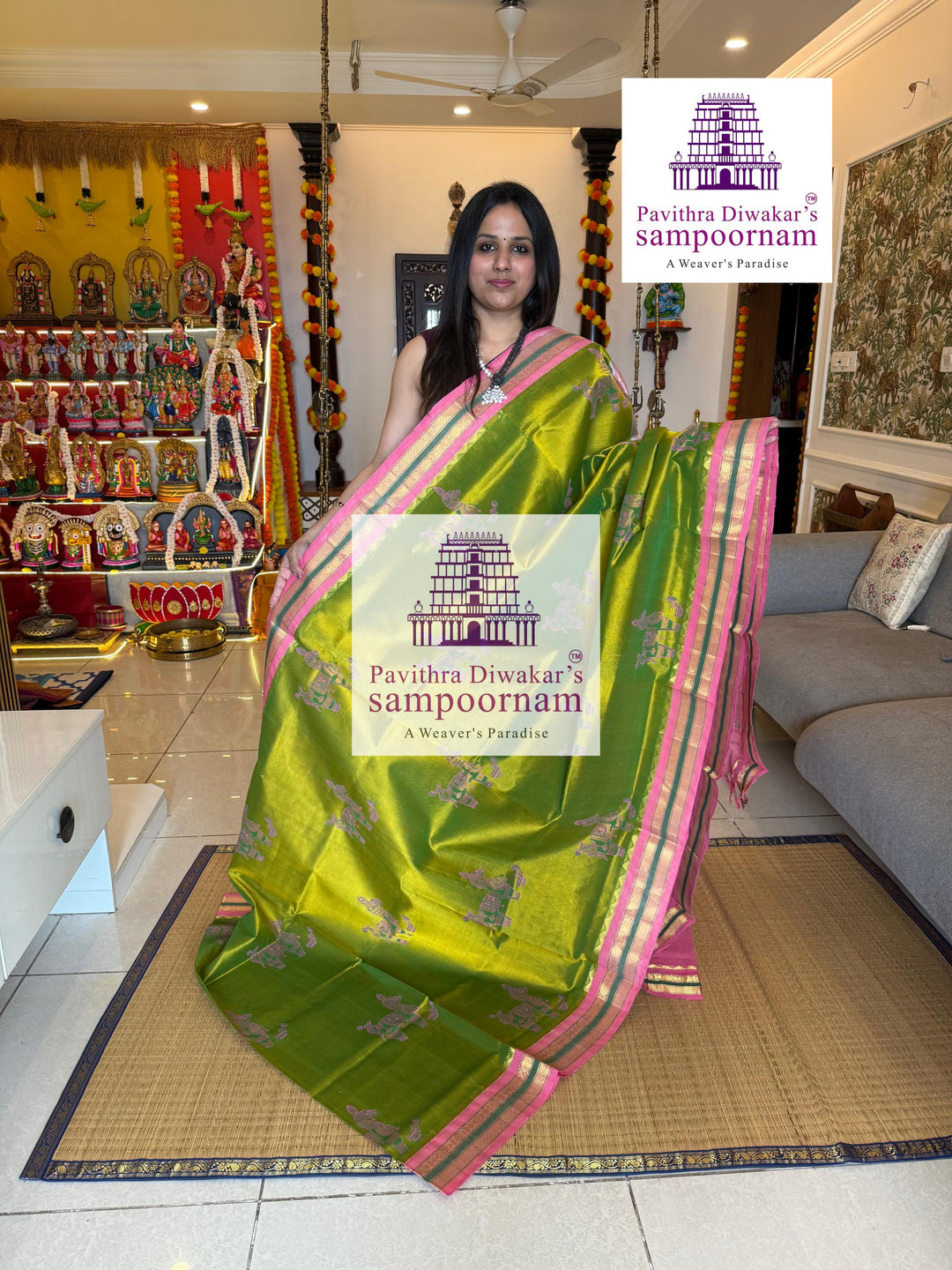 Light Leaf Green with Baby Pink , traditional borders , Terracota horse printed Silk Cotton Saree