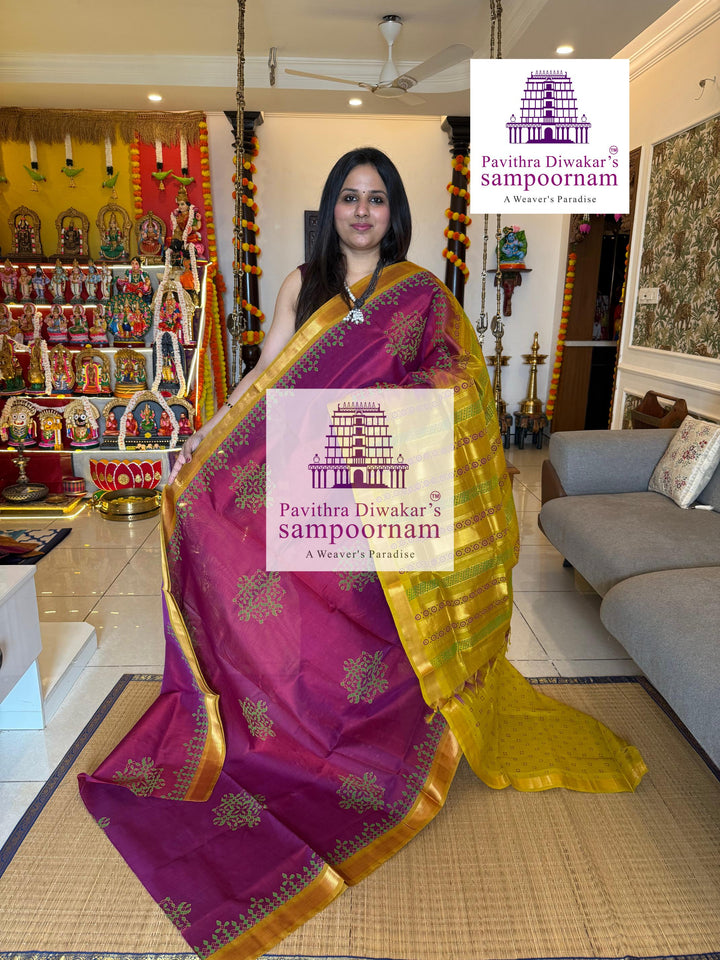 Magenta with Fenugreek ,traditional borders and rich Pallu Kolam Handblock Printed Silkcotton Saree