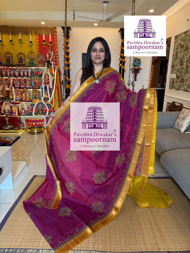 Magenta with Fenugreek ,traditional borders and rich Pallu Kolam Handblock Printed Silkcotton Saree