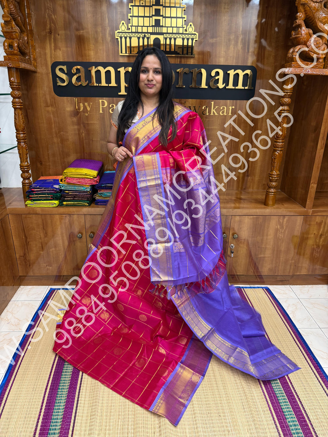 Dark Pink with Lavender, Rich Mayil and Chakram Butta in the Body with Zari Checks, Traditional Borders and Rich Pallu, Pure Silk Cotton Saree
