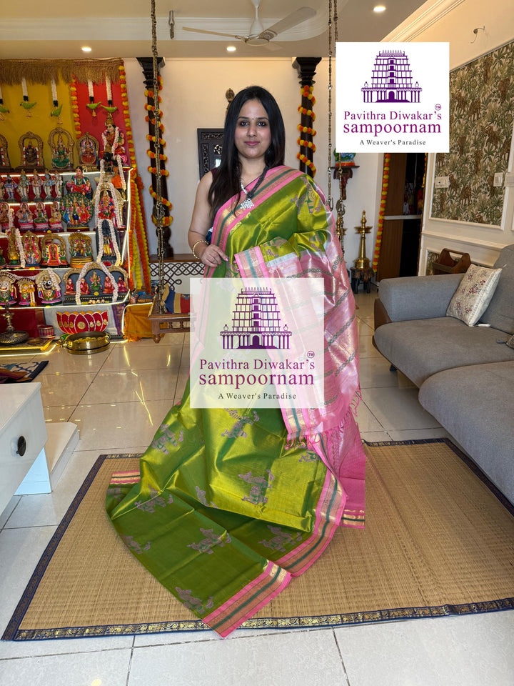 Light Leaf Green with Baby Pink , traditional borders , Terracota horse printed Silk Cotton Saree