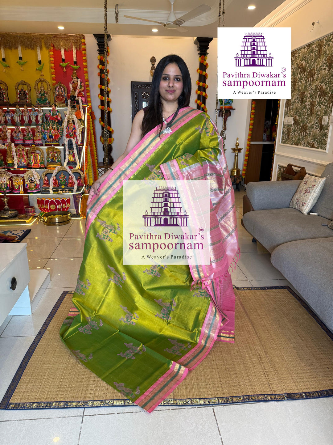 Light Leaf Green with Baby Pink , traditional borders , Terracota horse printed Silk Cotton Saree