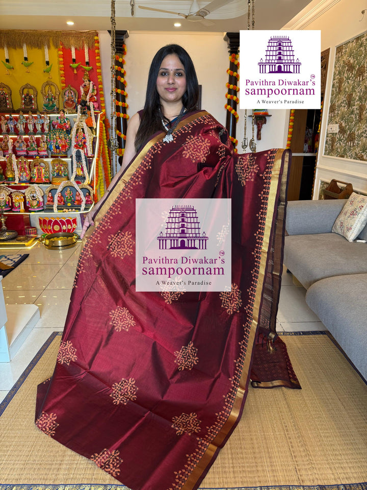 Araku ,traditional borders and rich Pallu Kolam Handblock Printed Silk Cotton Saree