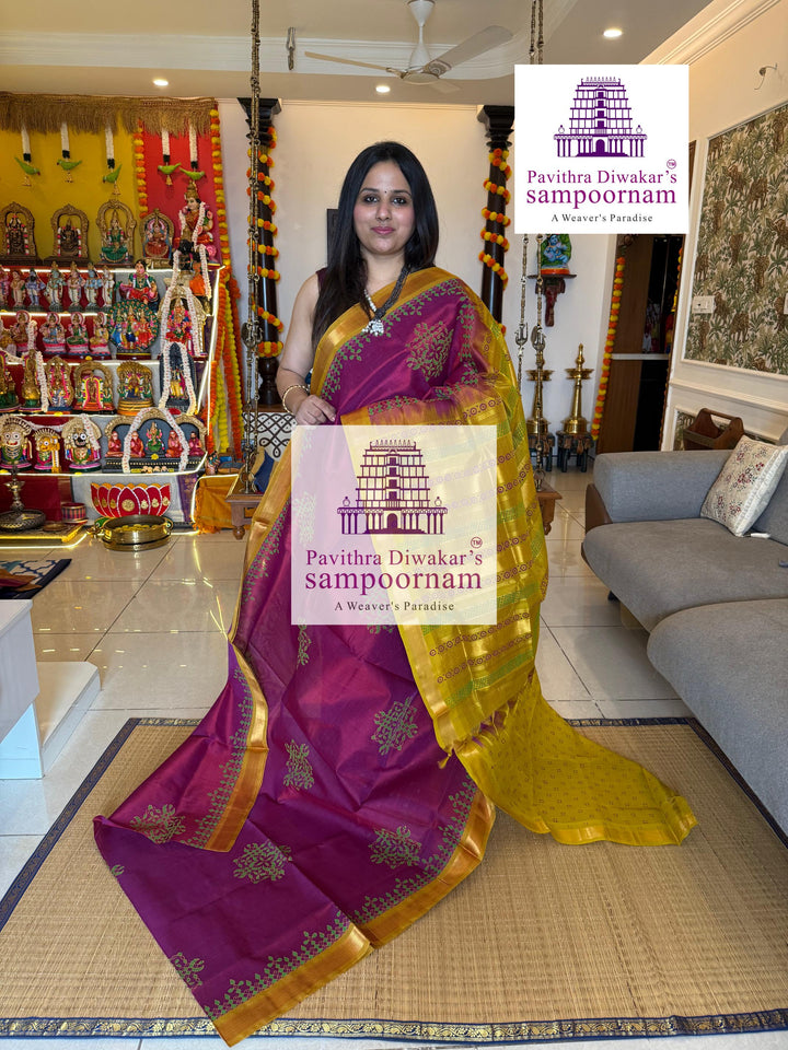 Magenta with Fenugreek ,traditional borders and rich Pallu Kolam Handblock Printed Silkcotton Saree