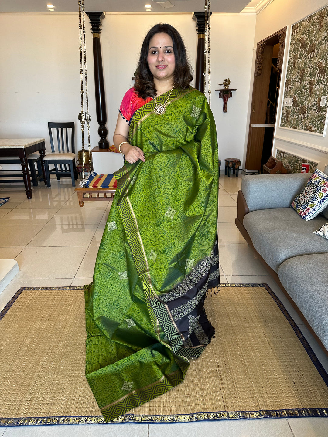 Green with Black Handblock Printed Pure Soft Silk Saree