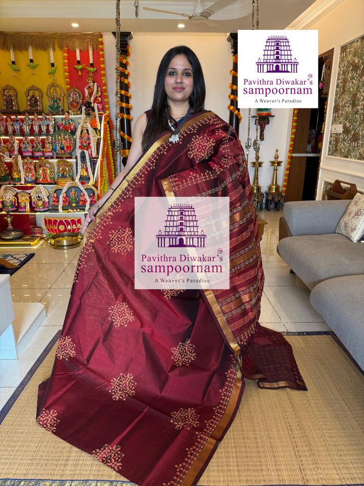 Araku ,traditional borders and rich Pallu Kolam Handblock Printed Silk Cotton Saree