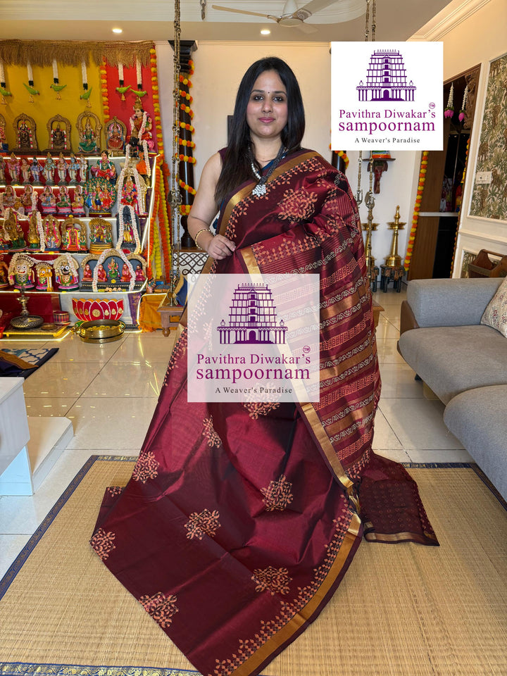 Araku ,traditional borders and rich Pallu Kolam Handblock Printed Silk Cotton Saree