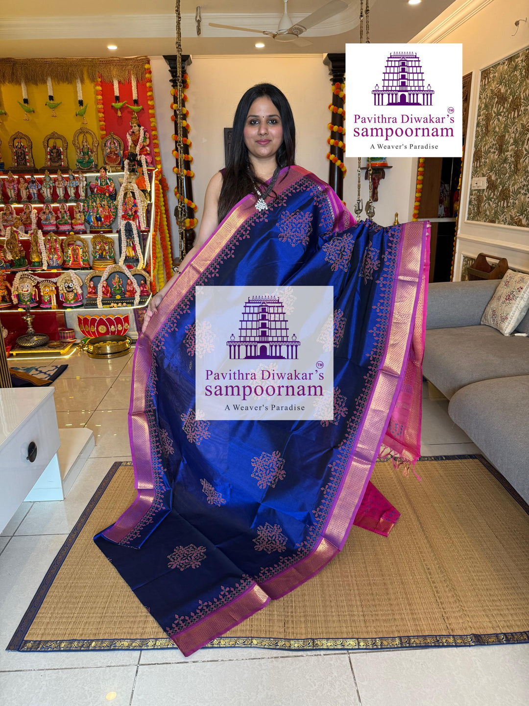 Blue with Pink ,traditional Borders and rich Pallu Kolam Handblock Printed Silk Cotton saree
