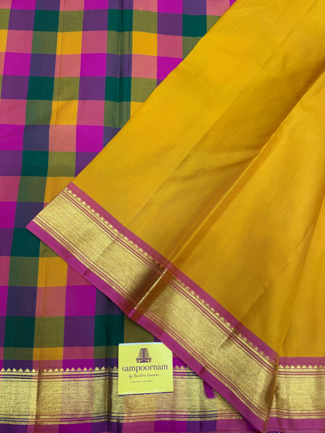 Mambazha Manjal with Pallum Pazham checks in the Pallu and Blouse Pure Kanjivaram Silk Saree