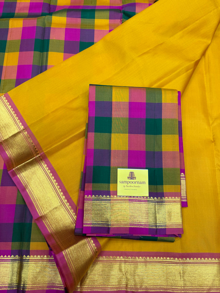 Mambazha Manjal with Pallum Pazham checks in the Pallu and Blouse Pure Kanjivaram Silk Saree
