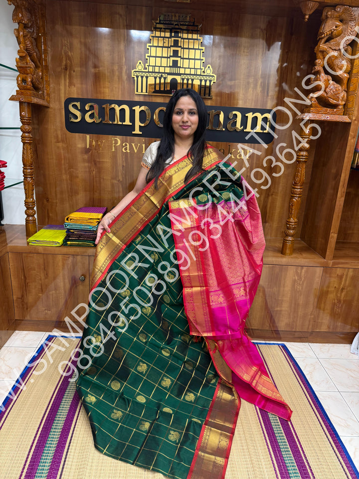 Green with Magenta, Rich Mayil and Chakram Butta in the Body with Zari Checks, Traditional Borders and Rich Pallu, Pure Silk Cotton Saree