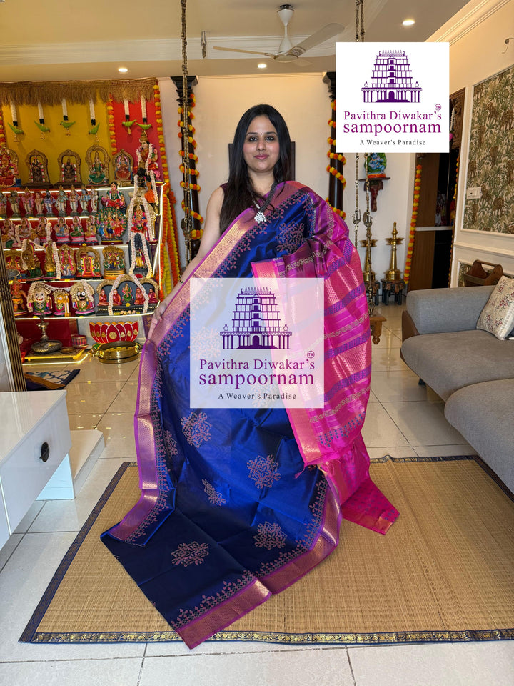 Blue with Pink ,traditional Borders and rich Pallu Kolam Handblock Printed Silk Cotton saree