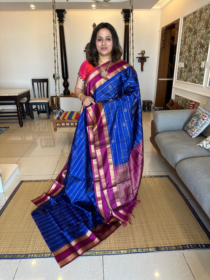 Blue with Magenta Mayil Chakram Zari Checks Pure Soft Silk Saree