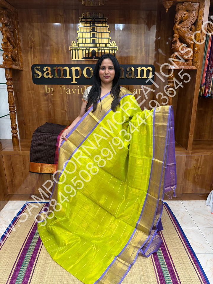 Leaf Green with Lavender, Rich Mayil and Chakram Butta in the Body with Zari Checks, Traditional Borders and Rich Pallu, Pure Silk Cotton Saree