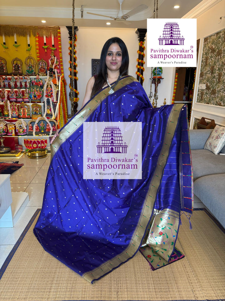 lndigo Blue Paithani muniya borders , rich butta in the body , and grand Paithani Pallu , Semi Paithani Soft Silk Sarees