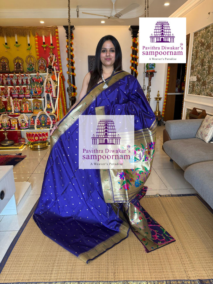 lndigo Blue Paithani muniya borders , rich butta in the body , and grand Paithani Pallu , Semi Paithani Soft Silk Sarees