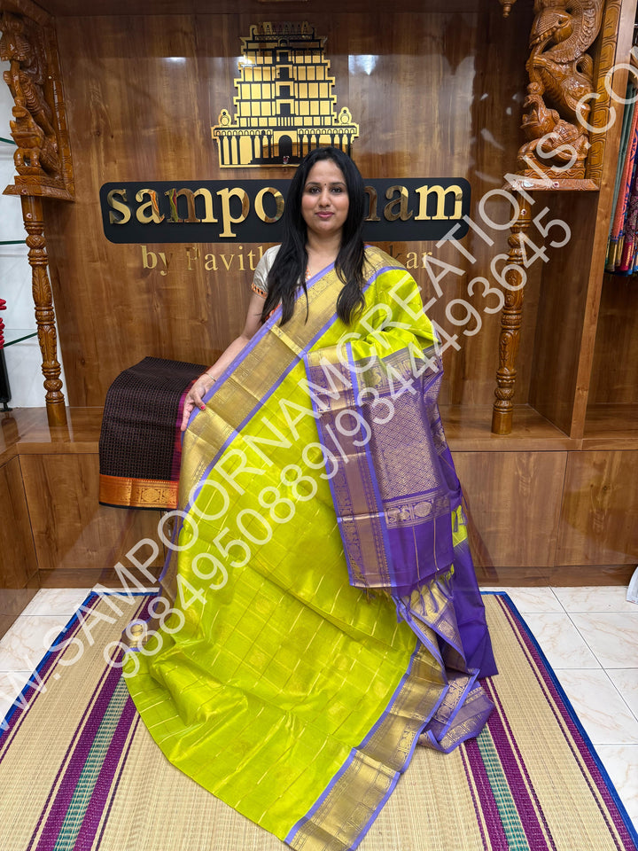 Leaf Green with Lavender, Rich Mayil and Chakram Butta in the Body with Zari Checks, Traditional Borders and Rich Pallu, Pure Silk Cotton Saree