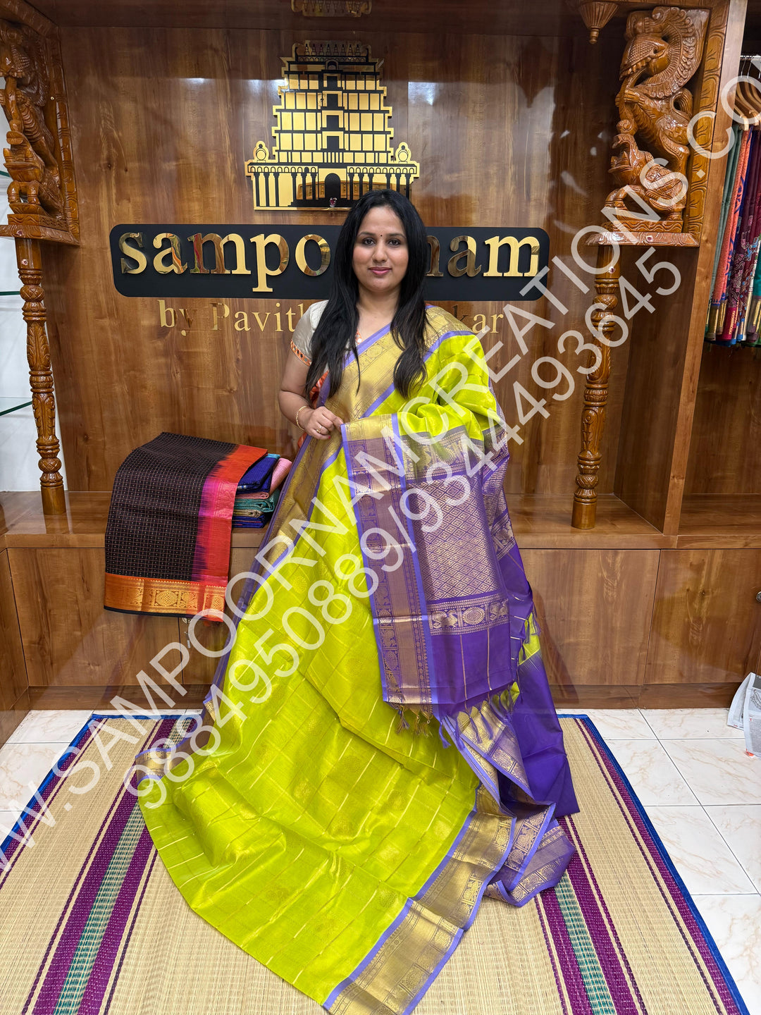 Leaf Green with Lavender, Rich Mayil and Chakram Butta in the Body with Zari Checks, Traditional Borders and Rich Pallu, Pure Silk Cotton Saree