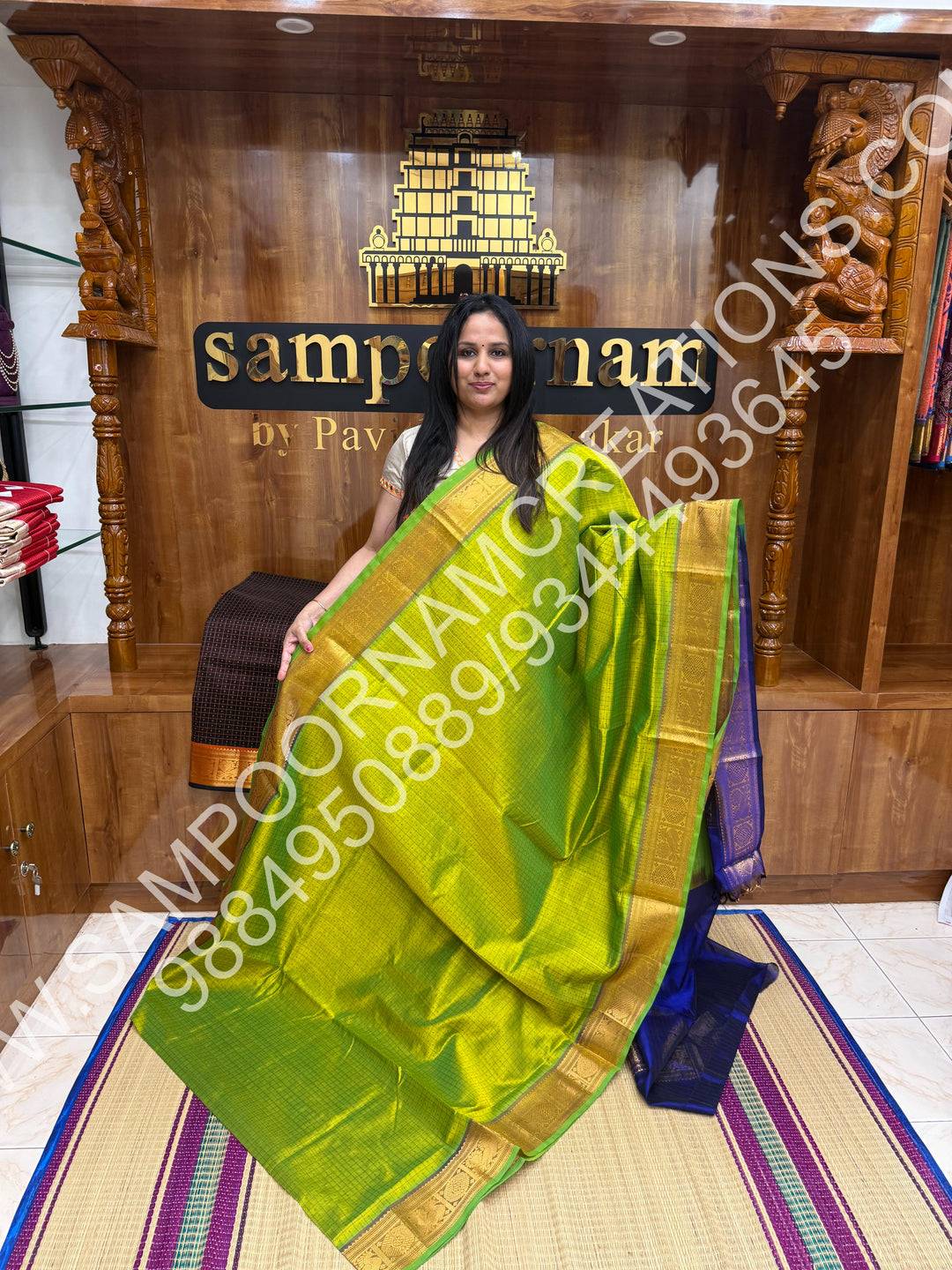 Leaf Green with Blue, Rich Traditional Borders and Lakshadeepam Thread Buttas all over the Body and Grand Pallu, Pure Silk Cotton Saree