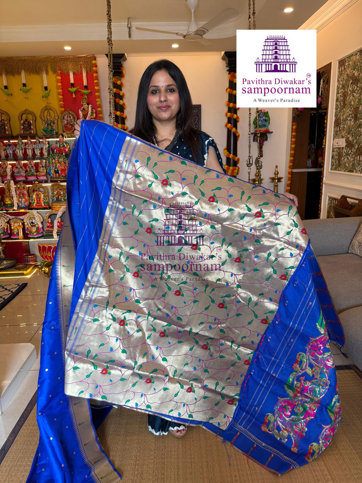 Royal Blue Paithani muniya borders , rich butta in the body , and grand Paithani Pallu , Semi Paithani Soft Silk Sarees