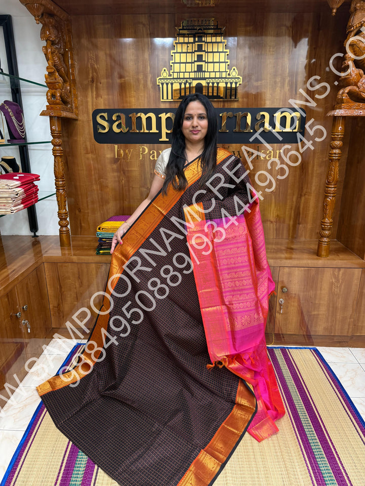 Coffee Brown with Pink, Rich Traditional Borders and Lakshadeepam Thread Buttas all over the Body and Grand Pallu, Pure Silk Cotton Saree