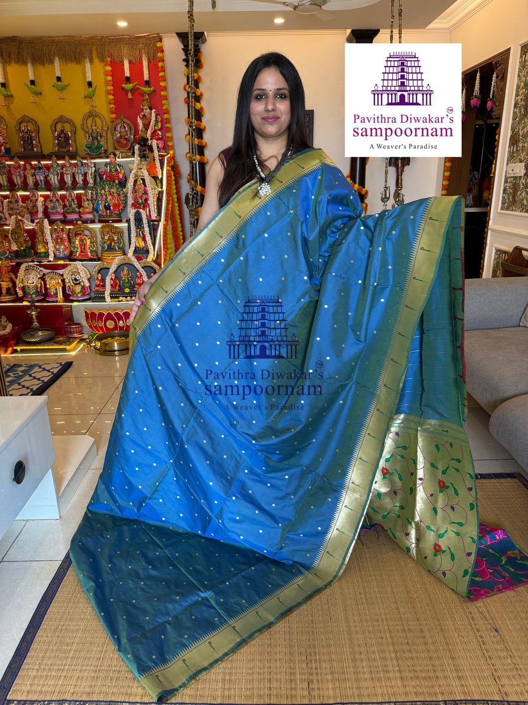 Mayil Kazhuthu Blue Paithani muniya borders , rich butta in the body , and grand Paithani Pallu , Semi Paithani Soft Silk Sarees