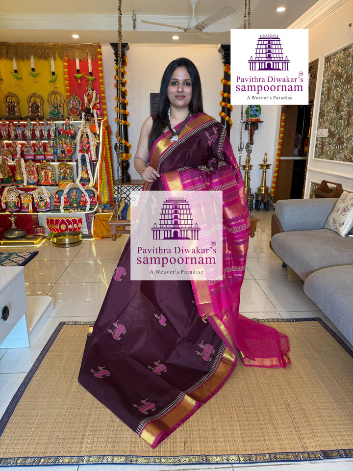 Dark Brown with Pink , traditional borders and rich Pallu , Terracota horse printed Silk Cotton Saree