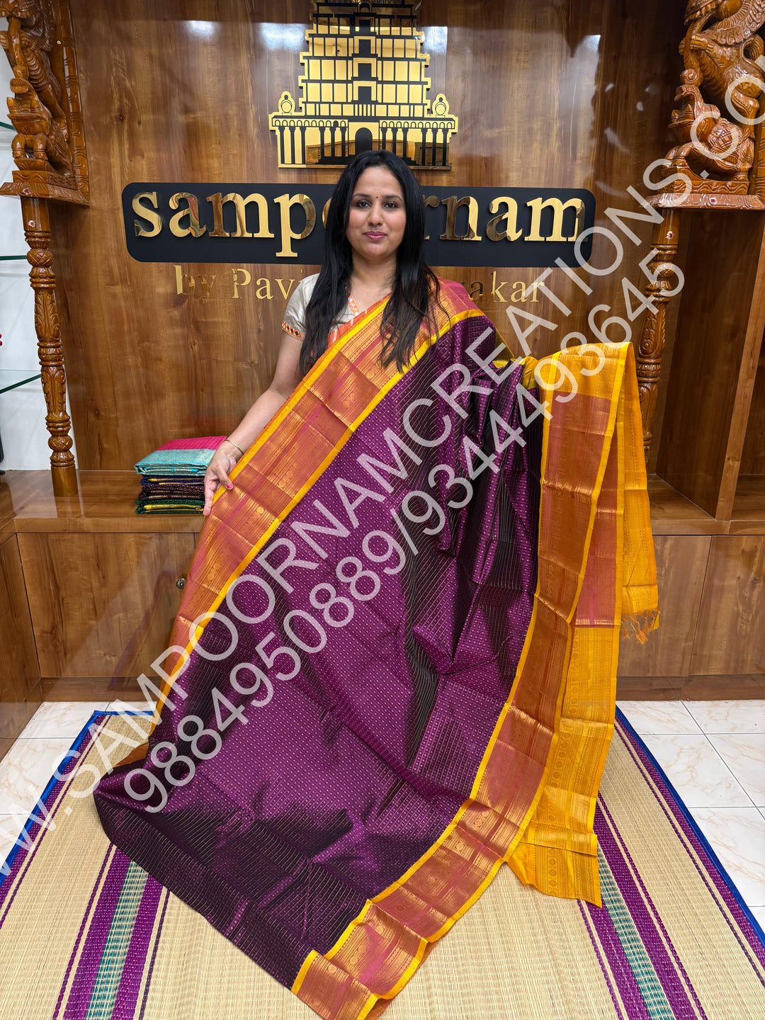 Dark Wine colour with Yellow, Rich Traditional Borders and Lakshadeepam Zari Buttas all over the Body and Grand Pallu, Pure Silk Cotton Saree