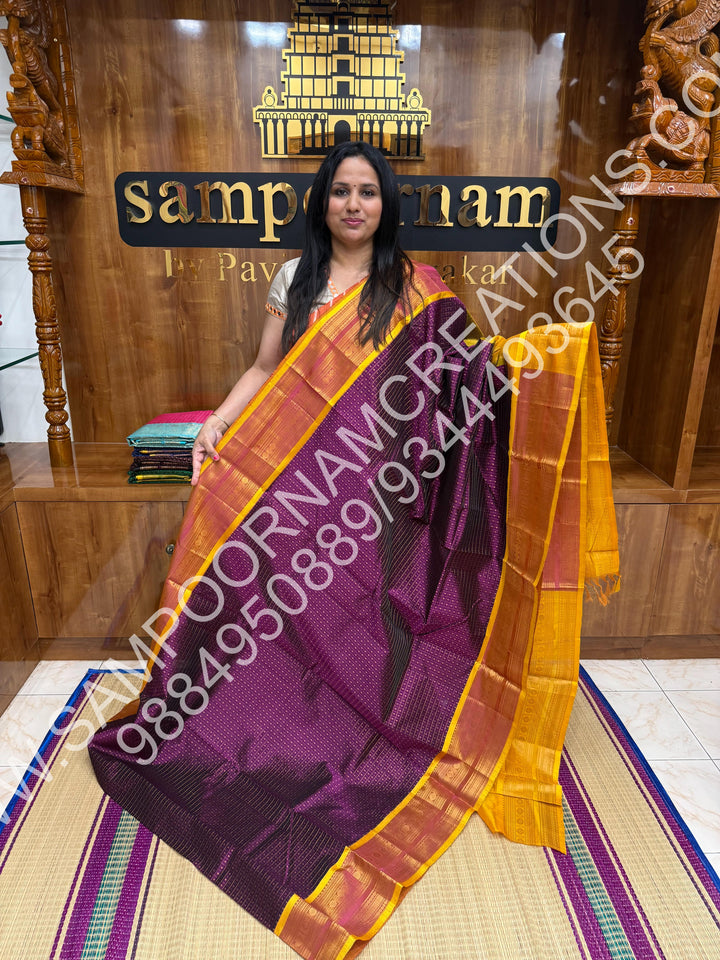 Dark Wine colour with Yellow, Rich Traditional Borders and Lakshadeepam Zari Buttas all over the Body and Grand Pallu, Pure Silk Cotton Saree