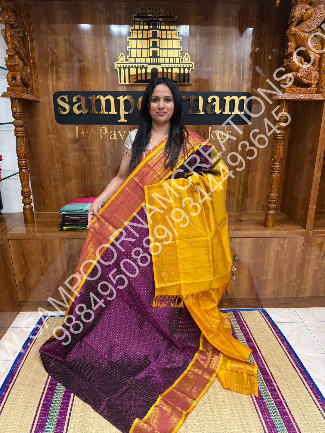 Dark Wine colour with Yellow, Rich Traditional Borders and Lakshadeepam Zari Buttas all over the Body and Grand Pallu, Pure Silk Cotton Saree