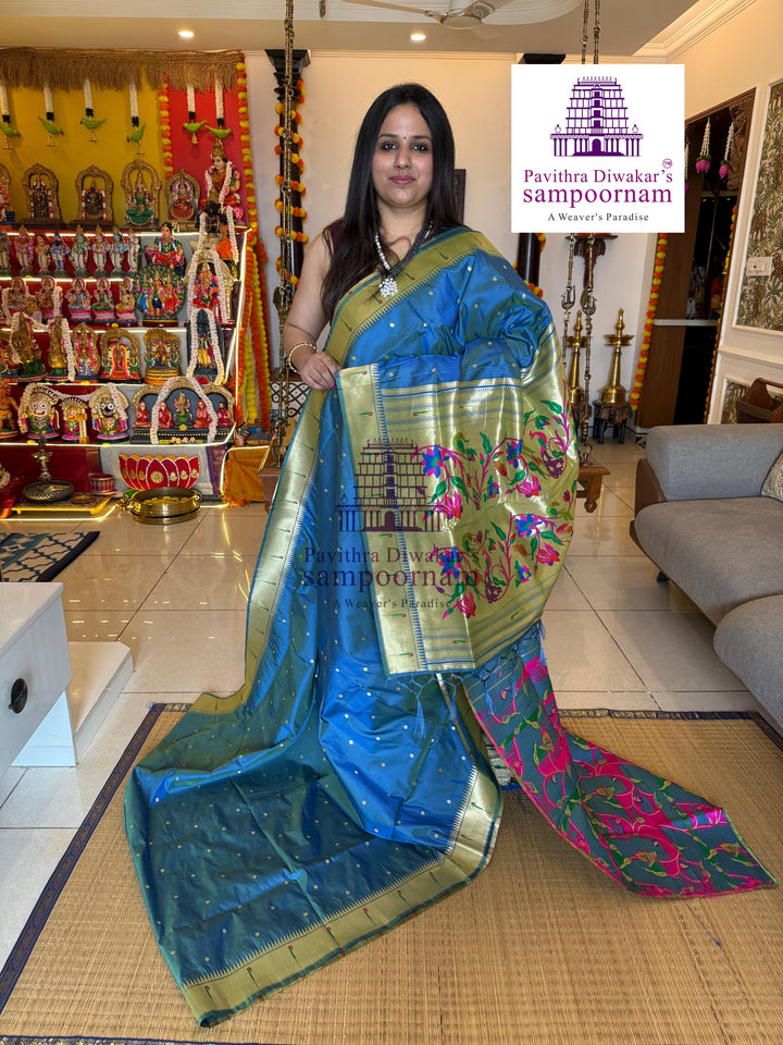 Mayil Kazhuthu Blue Paithani muniya borders , rich butta in the body , and grand Paithani Pallu , Semi Paithani Soft Silk Sarees