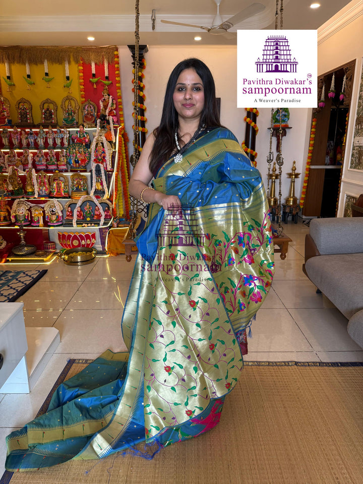 Mayil Kazhuthu Blue Paithani muniya borders , rich butta in the body , and grand Paithani Pallu , Semi Paithani Soft Silk Sarees