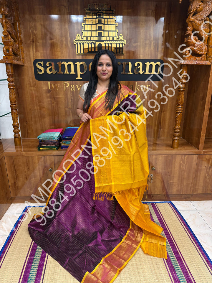 Dark Wine colour with Yellow, Rich Traditional Borders and Lakshadeepam Zari Buttas all over the Body and Grand Pallu, Pure Silk Cotton Saree