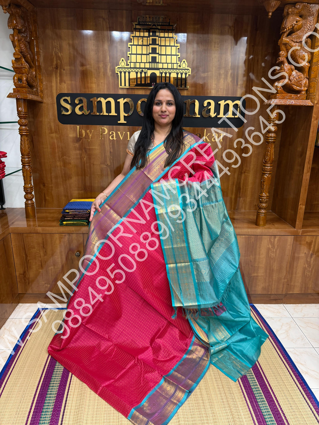 Rose Pink with Turquoise Blue, Rich Traditional Borders and Lakshadeepam Zari Buttas all over the Body and Grand Pallu, Pure Silk Cotton Saree
