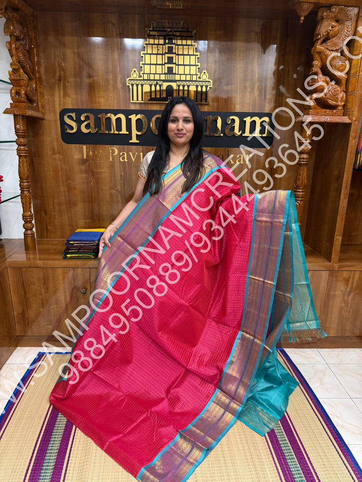 Rose Pink with Turquoise Blue, Rich Traditional Borders and Lakshadeepam Zari Buttas all over the Body and Grand Pallu, Pure Silk Cotton Saree