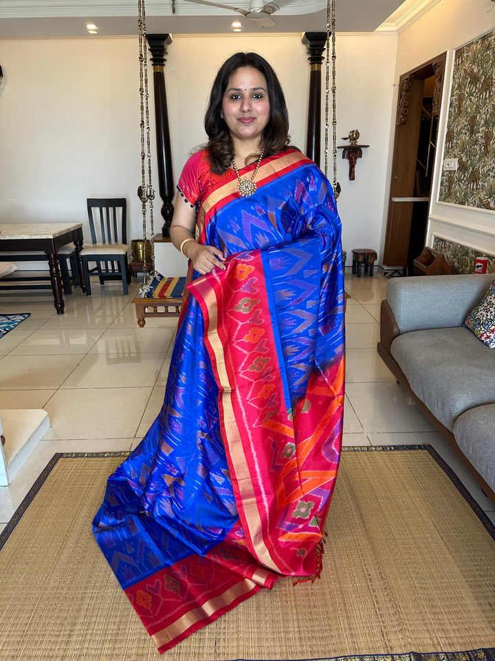 Blue with Orangish Red Pure Soft Silk Saree