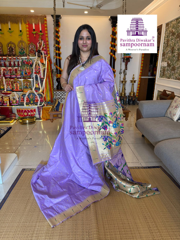 Lavender Paithani muniya borders , rich butta in the body , and grand Paithani Pallu , Semi Paithani Soft Silk Sarees