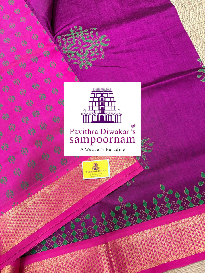 Magenta with Pink traditional borders and rich Pallu Kolam Handblock Printed Silk Cotton Saree