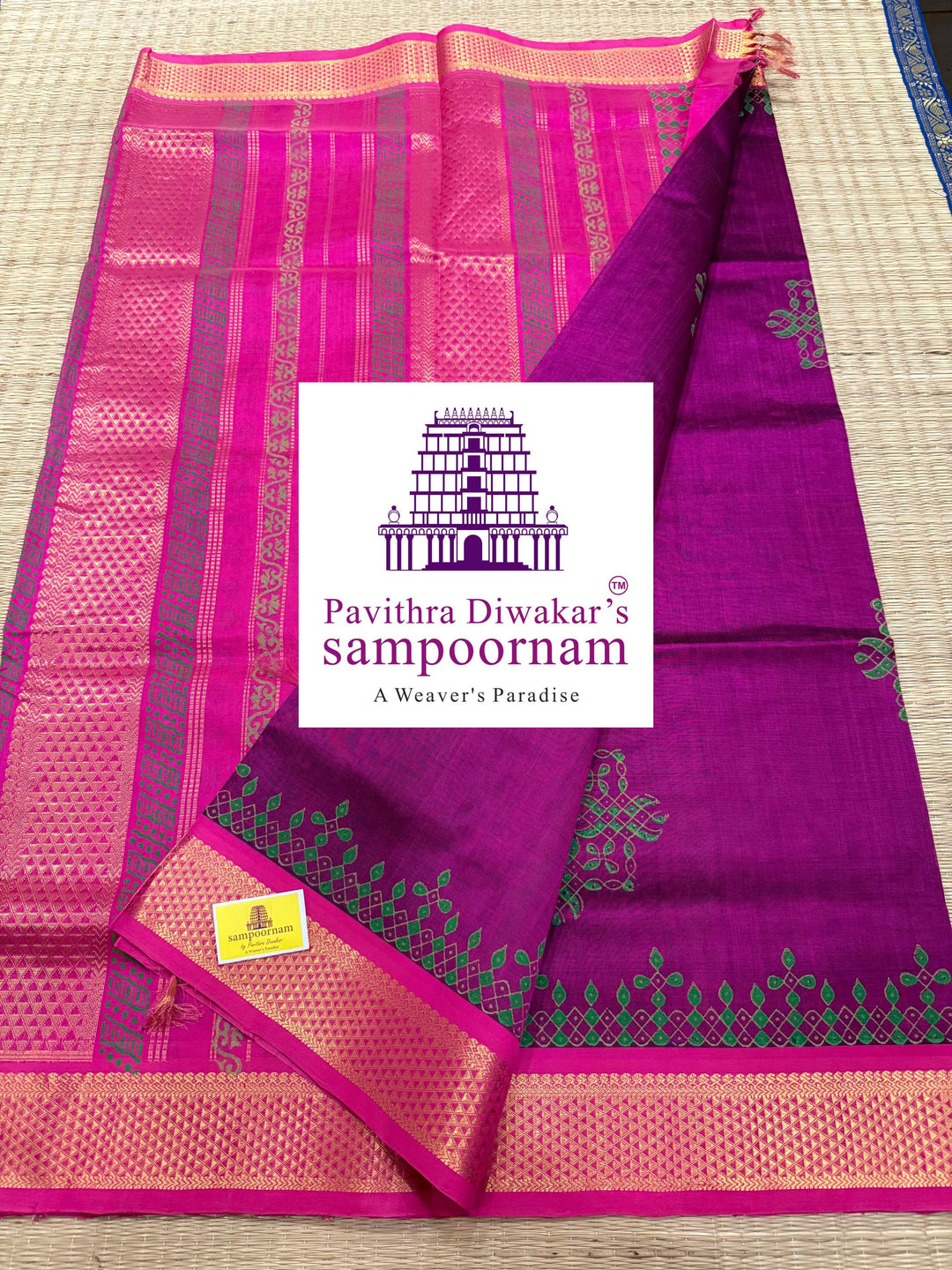 Magenta with Pink traditional borders and rich Pallu Kolam Handblock Printed Silk Cotton Saree
