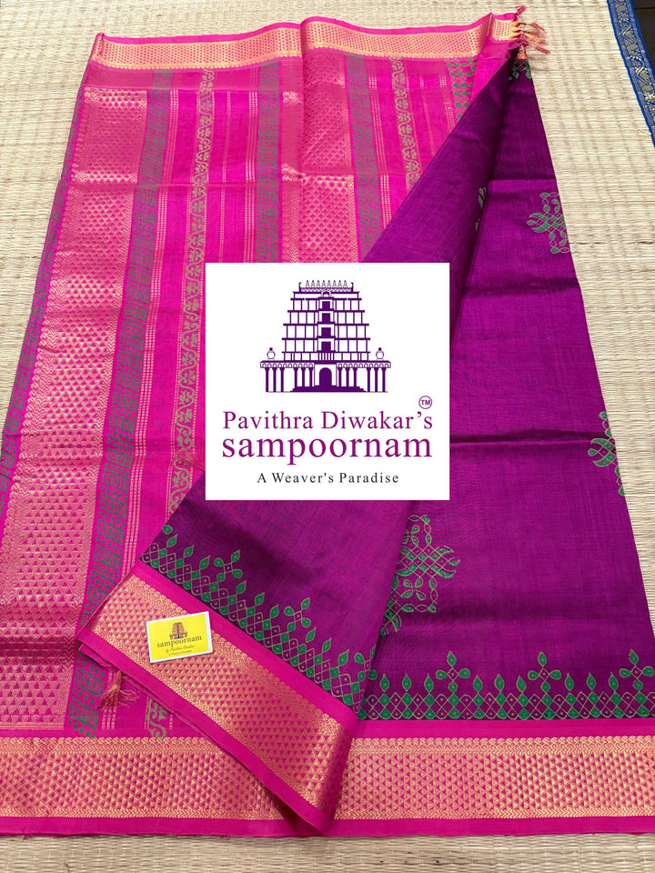Magenta with Pink traditional borders and rich Pallu Kolam Handblock Printed Silk Cotton Saree