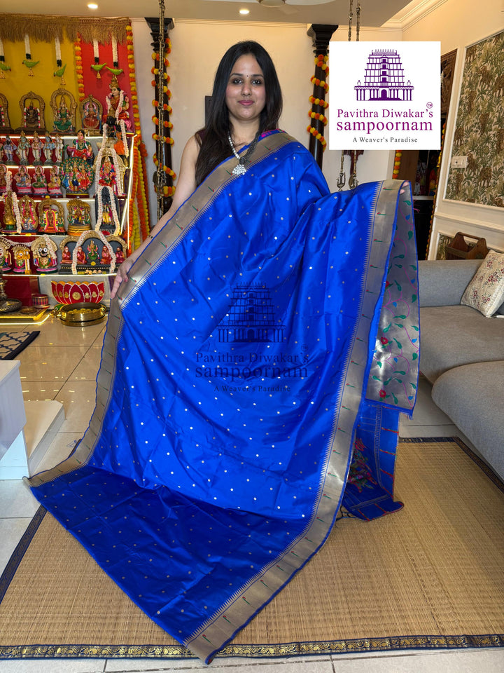 Royal Blue Paithani muniya borders , rich butta in the body , and grand Paithani Pallu , Semi Paithani Soft Silk Sarees