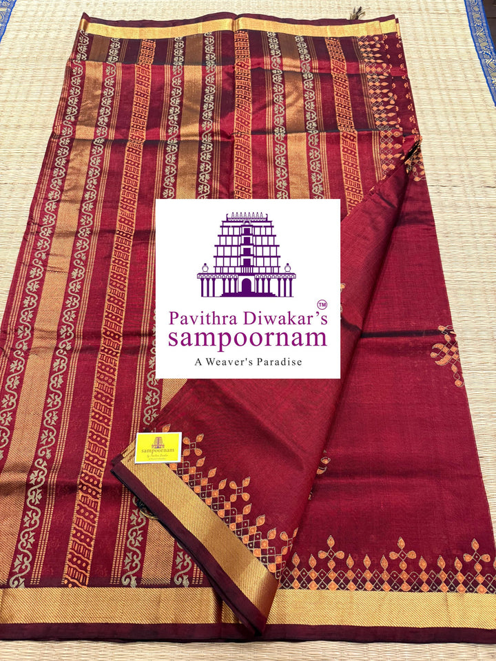 Araku ,traditional borders and rich Pallu Kolam Handblock Printed Silk Cotton Saree