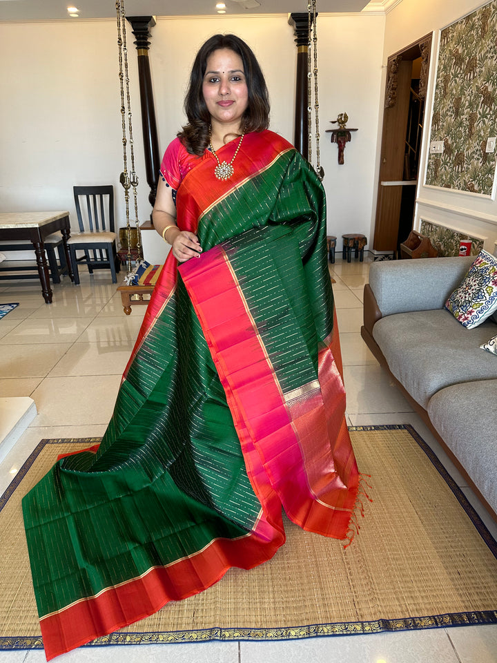 Dark Green with Orangish Red Rain Drop Pattern Pure Soft Silk Saree